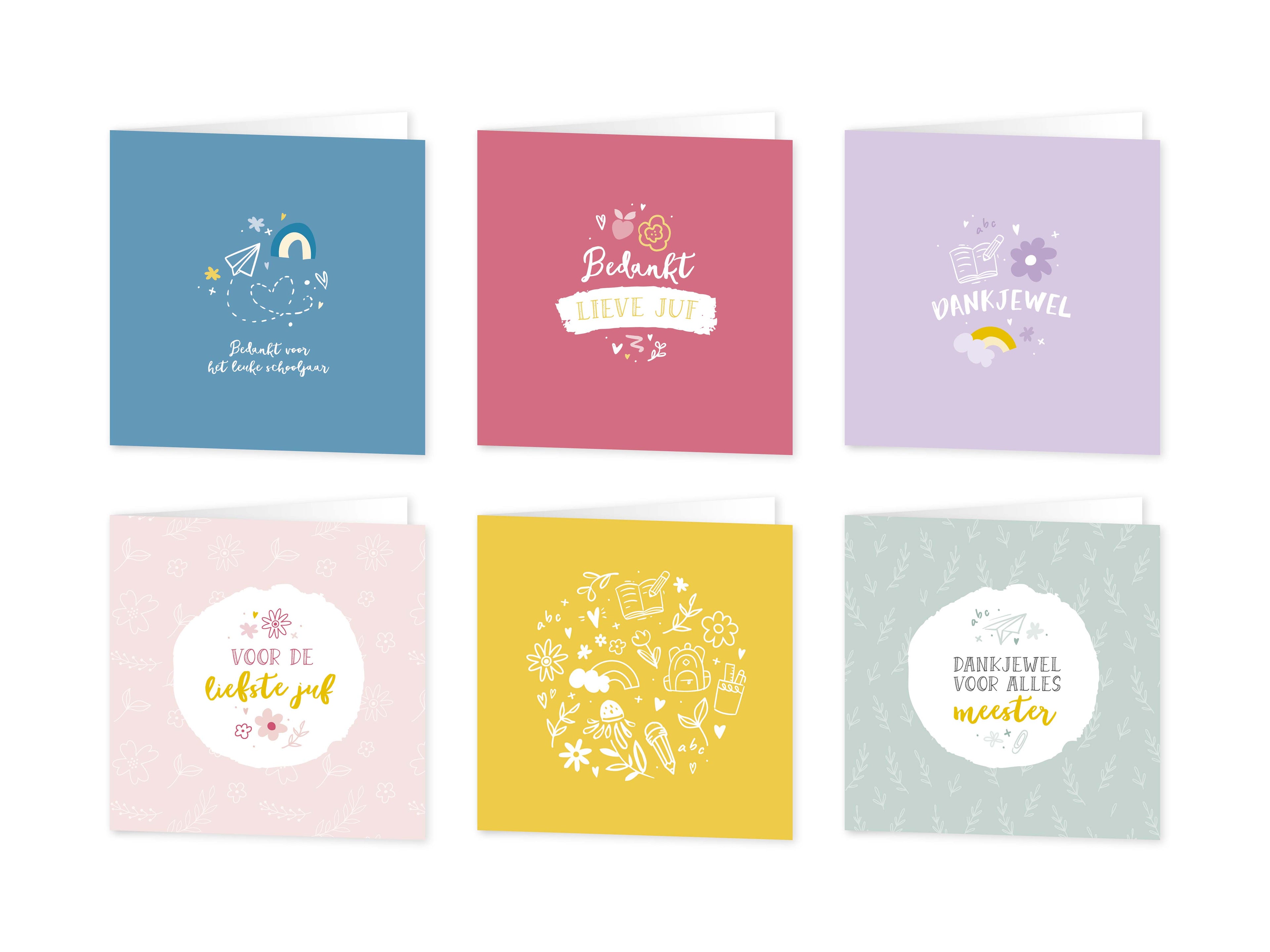 Wenskaarten juf / meester - set van 6 - incl enveloppen