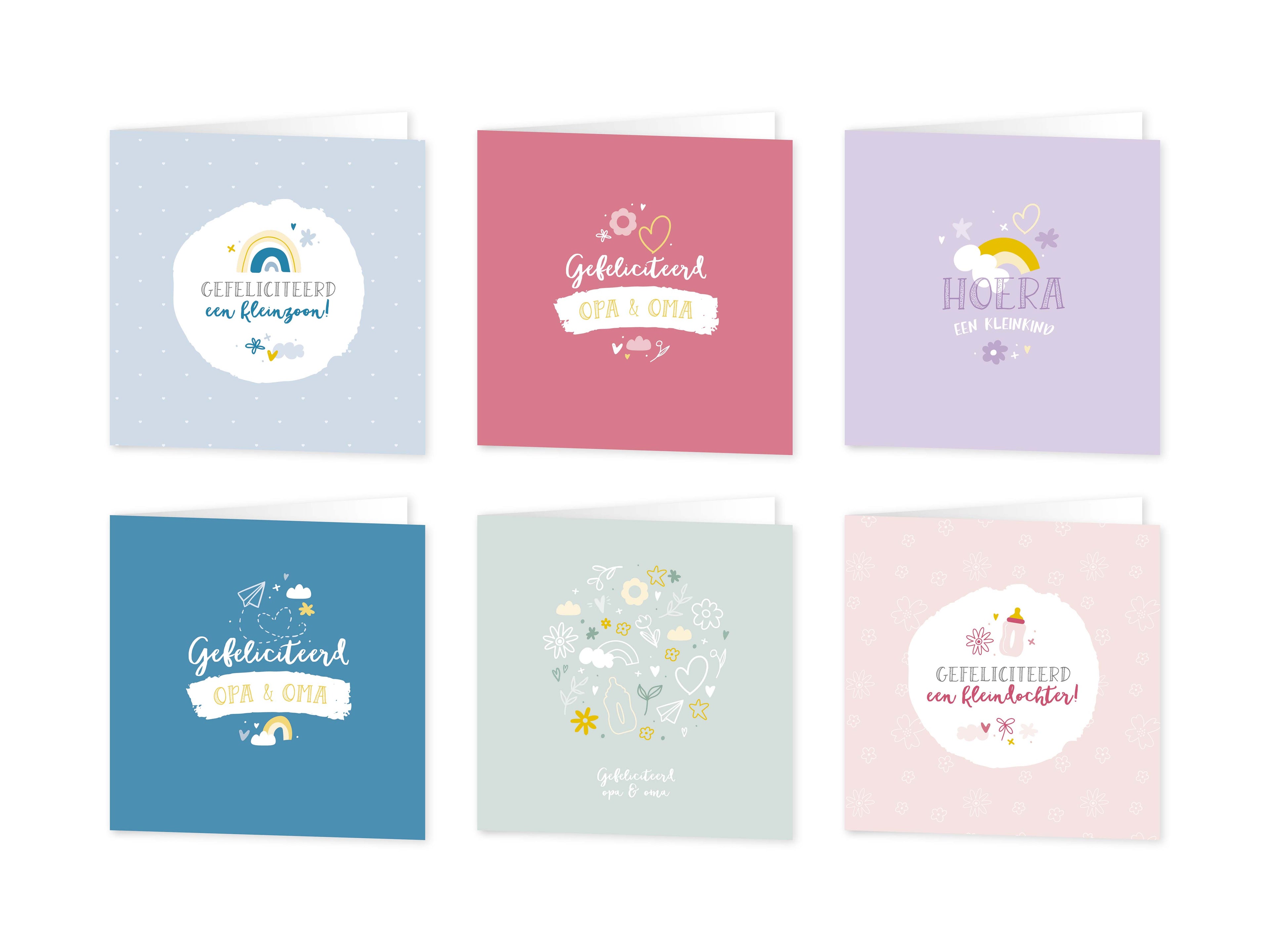 Wenskaarten geboorte kleinkind opa oma - set van 6 - incl enveloppen (kopie)